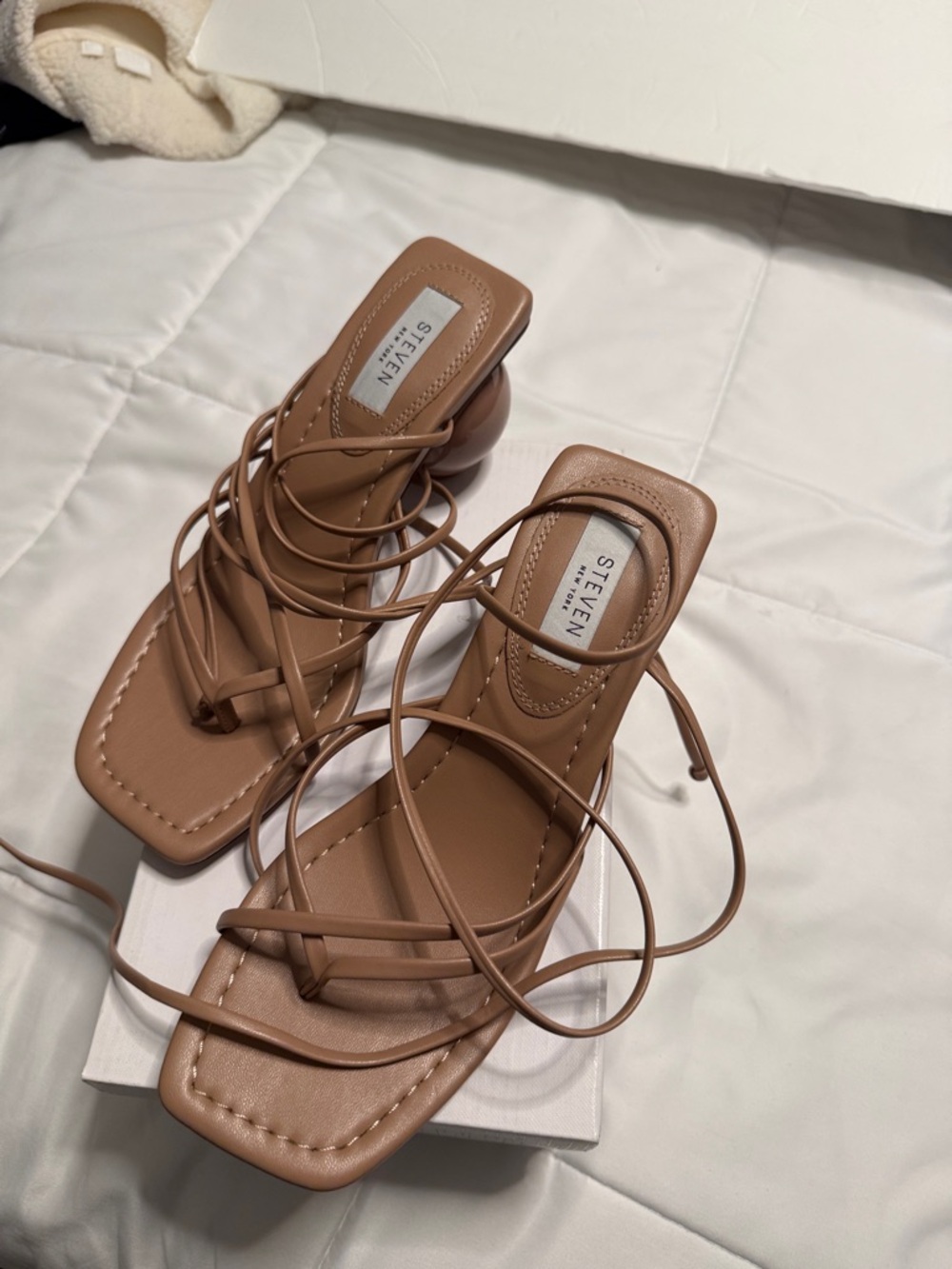 STEVEN by Steve Madden Tan Strappy Square-Toe Heels